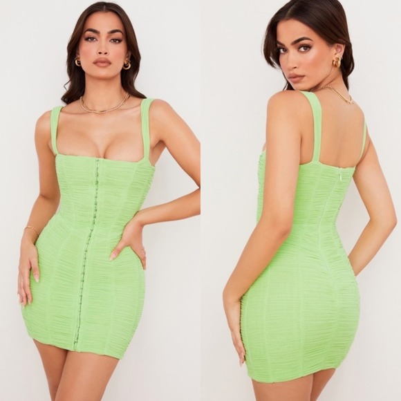 House of CB Cate Lime Rushed Mesh Mini Dress Size Small NEW - Picture 2 of 10